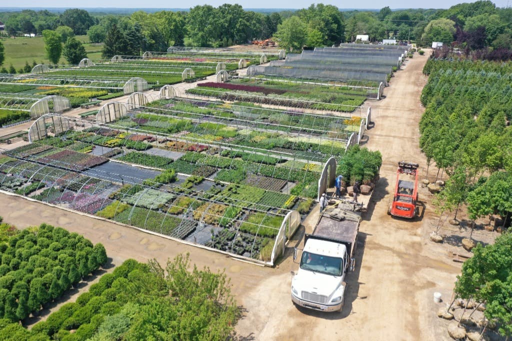 Drone view of Rusty Oak Nursery's loading yard, container pads and hoop houses in Valley City, Ohio